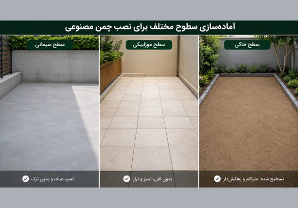 نحوه نصب چمن مصنوعی روی سیمان، موزاییک و خاک؛ راهنمای کامل نحوه نصب چمن مصنوعی روی سیمان، موزاییک و خاک؛ راهنمای کامل